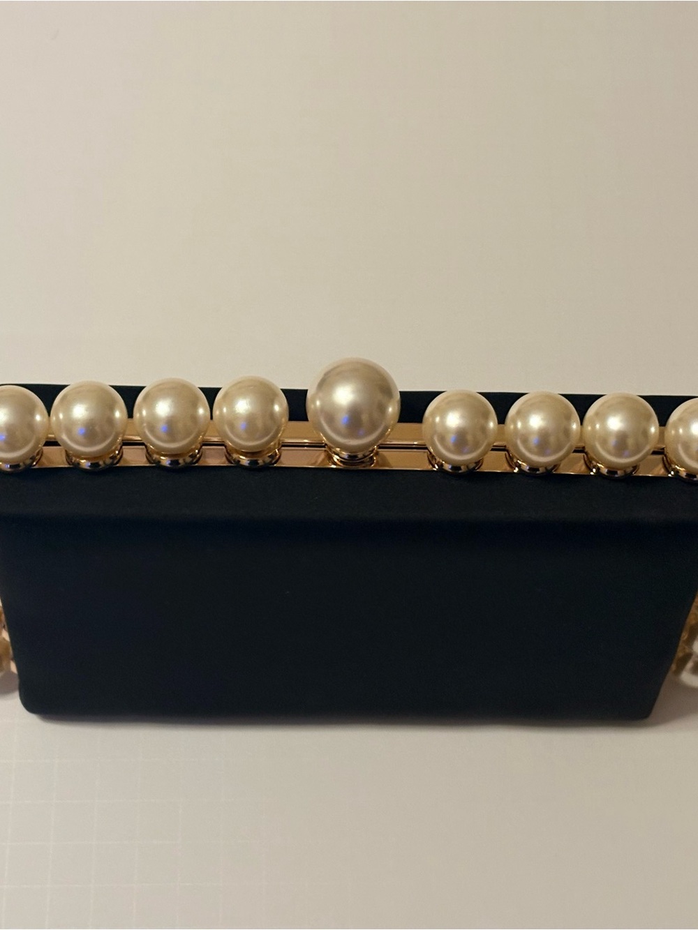 INC International Concepts Black Satin Pearl-Trim Chain Clutch - Picture 3 of 6
